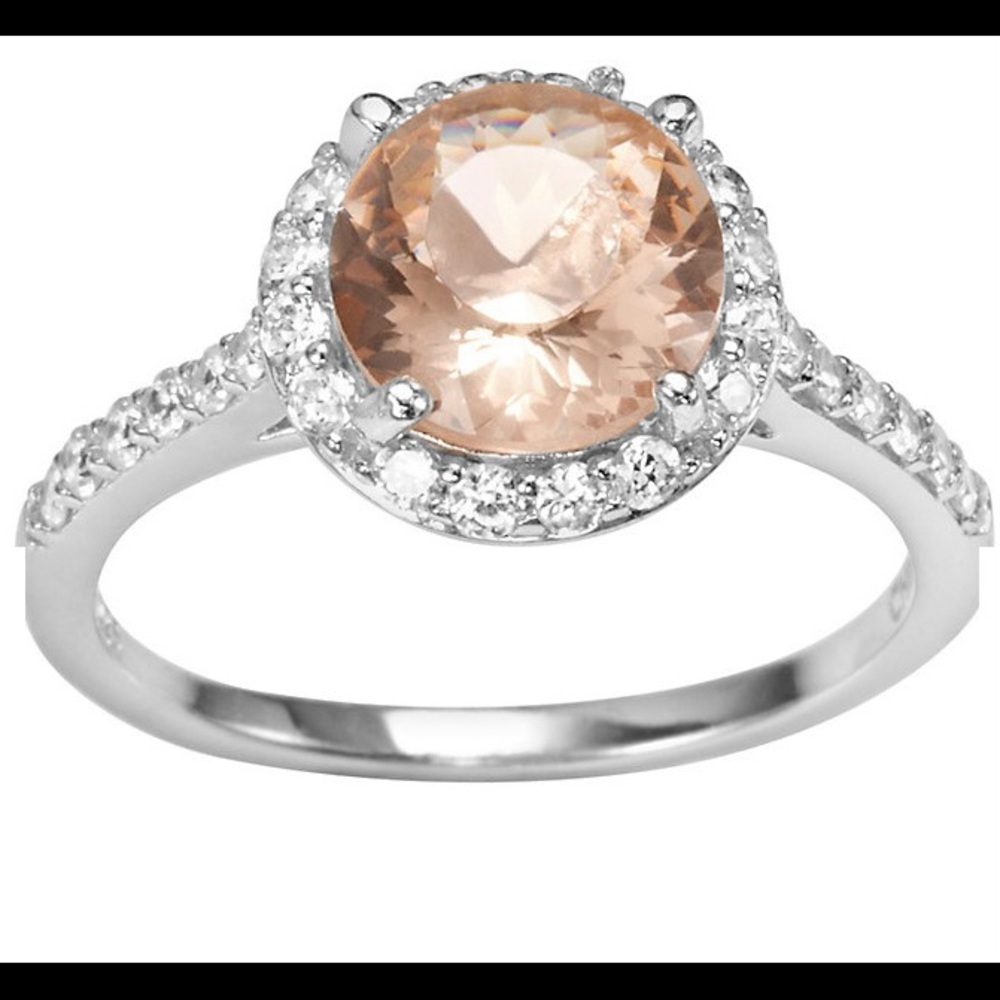 Sterling silver, halo ring. White cubic zirconia & simulated morganite. Size 5
